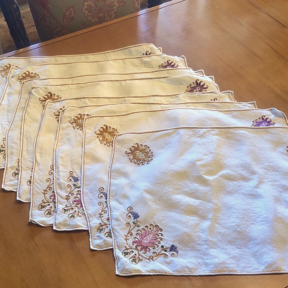 Vintage Boho Cotton Linen Embroidered Placemats set of 8 with Matching Napkins